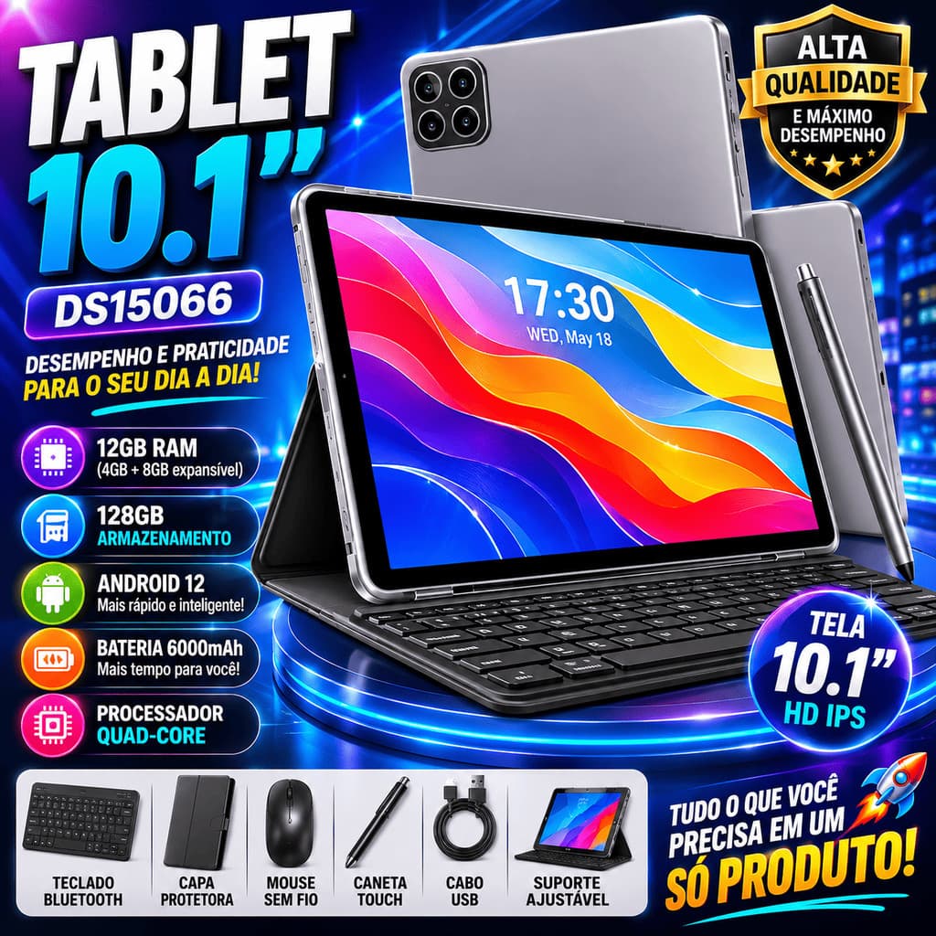 Tablet Com Teclado 10.1 Polegadas E Mouse 12GB RAM Android Wifi Chip 4G LTE Estilo Notebook Para Trabalho Estudo Jogos