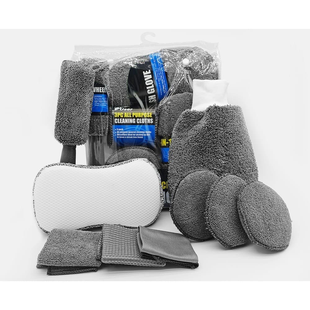 Kit 11 Peças Limpeza Automotiva Carro Bolsa Oxford PVC Luvas Panos Escovas Profissional Limpeza de Carro