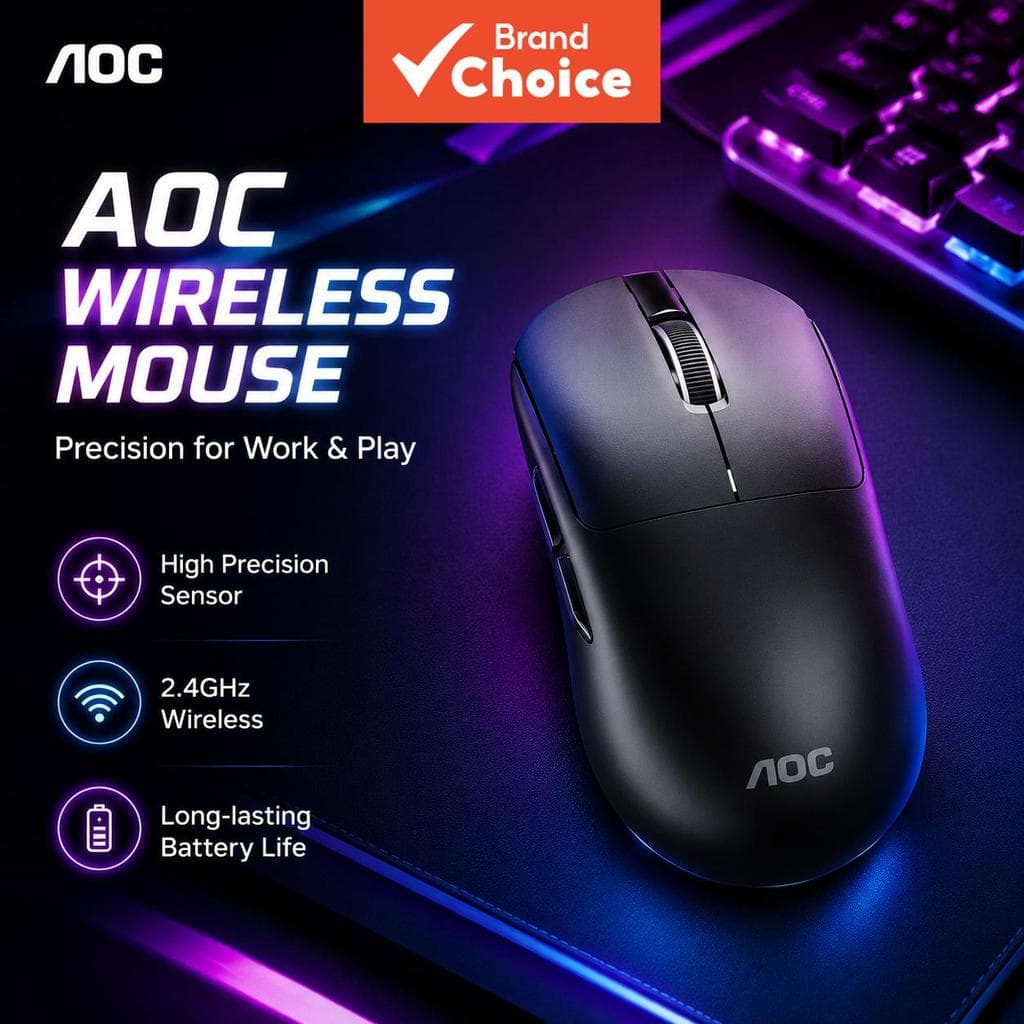 AOC MS225 Mouse Ergonômico Sem Fio: Design sem cabos, rolagem sensível, 6 botões funcionais, leve, compatível com USB,