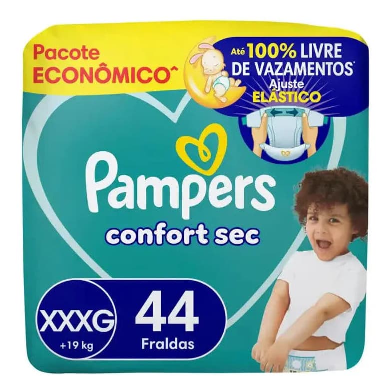 Fralda Pampers Confort Sec Bag XXXG 44 Unidades Proteção Absorção Bebê Antivazamento Confortável