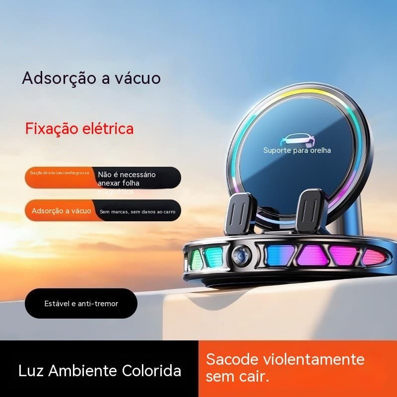 Novo suporte de celular para carro com carregamento sem fio e luz ambiente, suporte de navegação para painel do carro, c