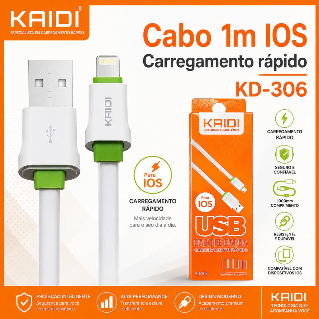 Cabo para Celular de Carga e Dados Cabo Rápido Lightning iPhone 1 metro 1m Kaidi KD-306