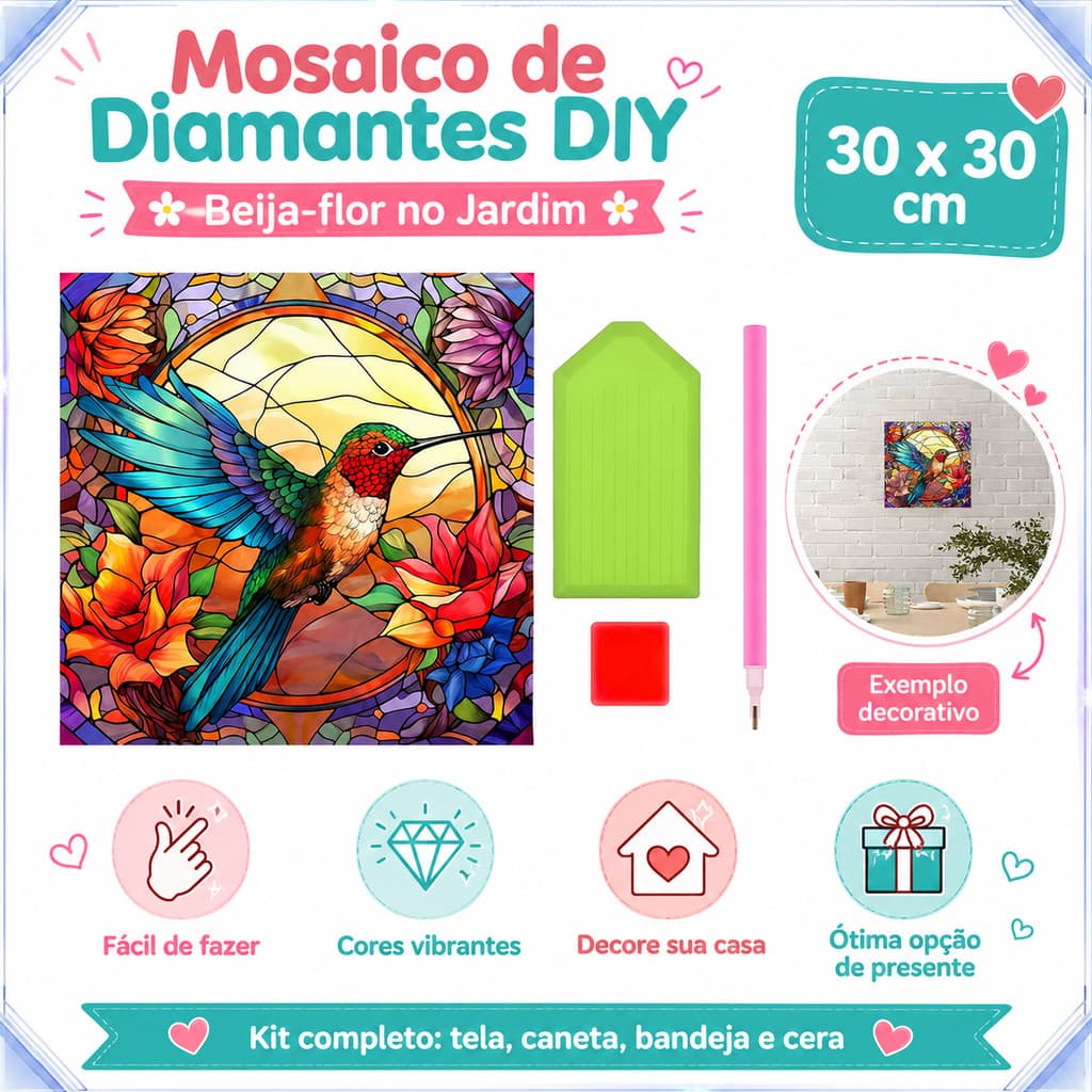 Kit Pintura de Diamante 5D Beija‑flor Artístico 30x30cm, Artesanato DIY com Ferramentas Completas