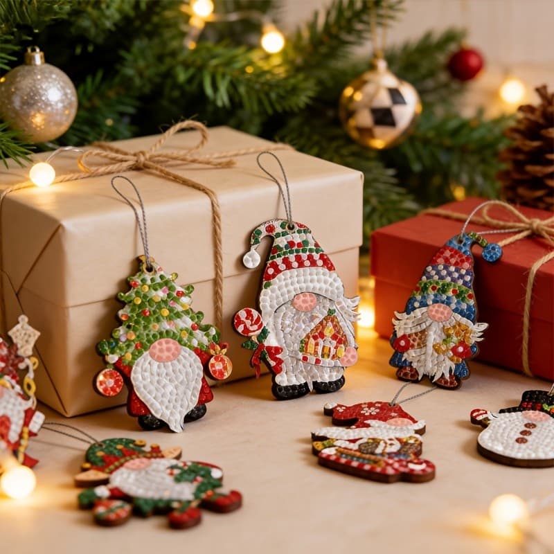 Conjunto de 12 Peças de Decoração de Natal com Pintura de Diamante 5D DIY - Chaveiros Vibrantes com Diamantes Redondos, 