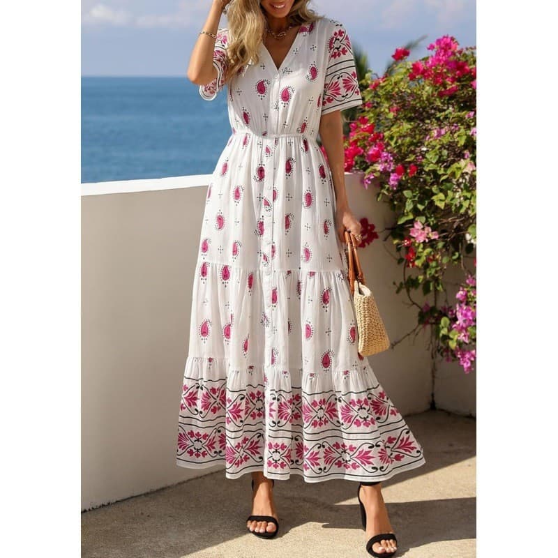 Vestido de praia feminino, vestido curto boêmio de manga curta, vestido de praia feminino de verão com decote em V, eleg