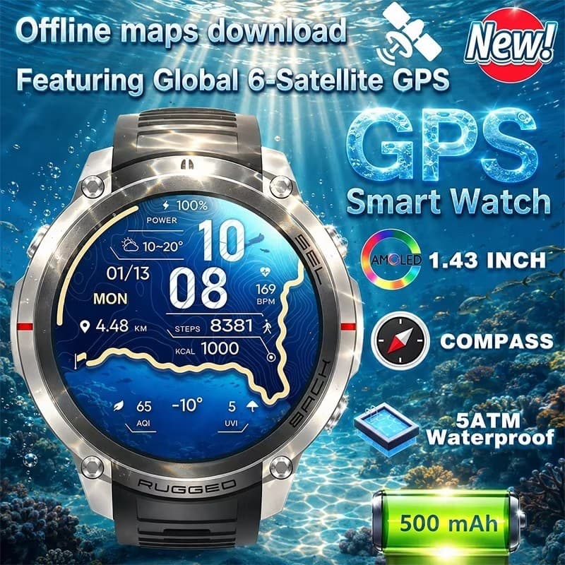 2026 Novo 6 Satélite GPS Smartwatch Relógio Inteligente 5ATM À Prova Dwaterproof Água 500MAH 1.43'HD AMOLED Bluetooth Ch