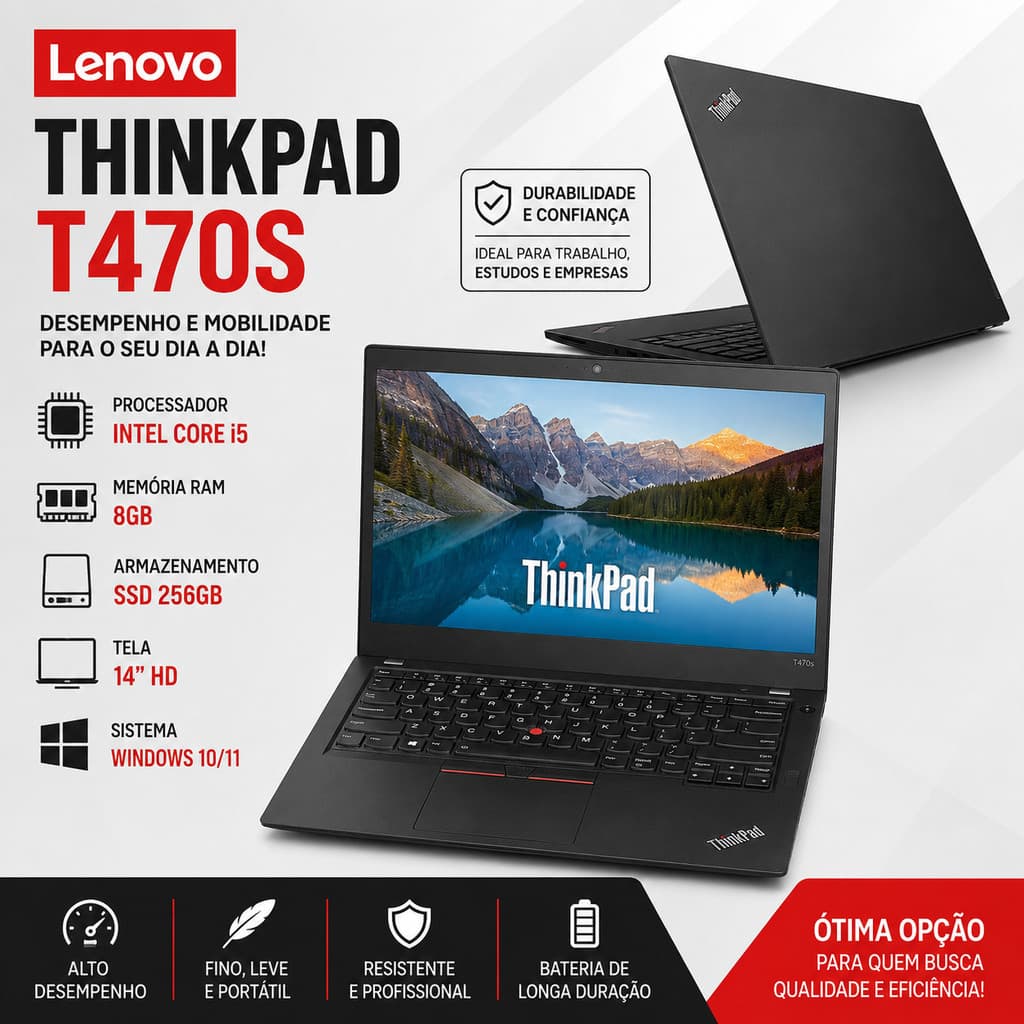 Notebook Lenovo ThinkPad T470s Tela 14" Full HD Intel Core i5 8GB SSD 256GB (Recondicionado)