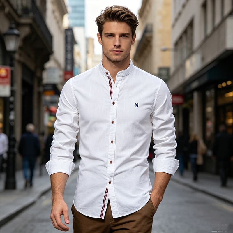 Camisa Social Masculina Slim Fit Algodão Gola Padre Manga Longa