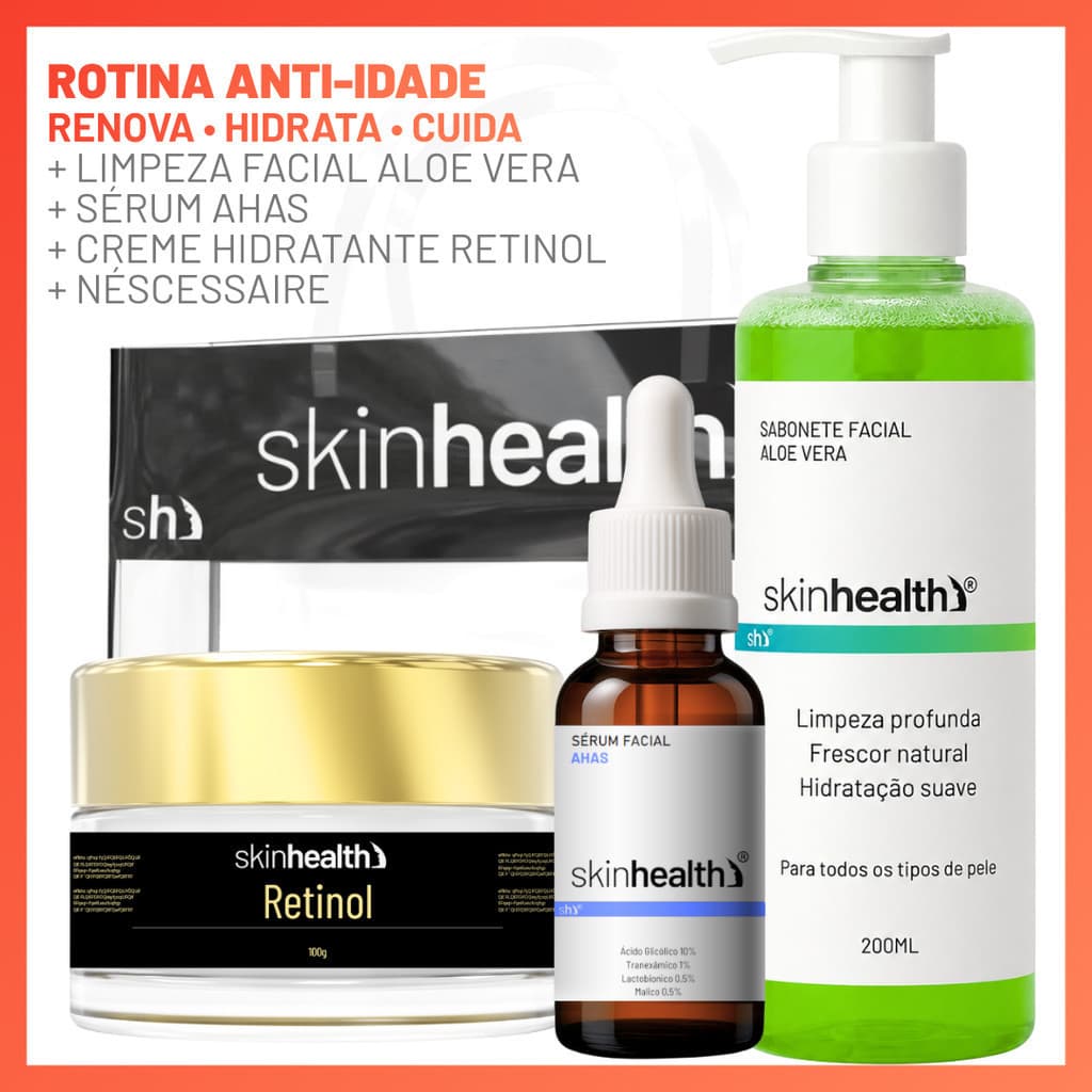 Combo Fácil Anti-Idade Skinhealth Sérum AHAs + Creme Retinol + Sabonete Aloe Vera 200ml + Nécessaire