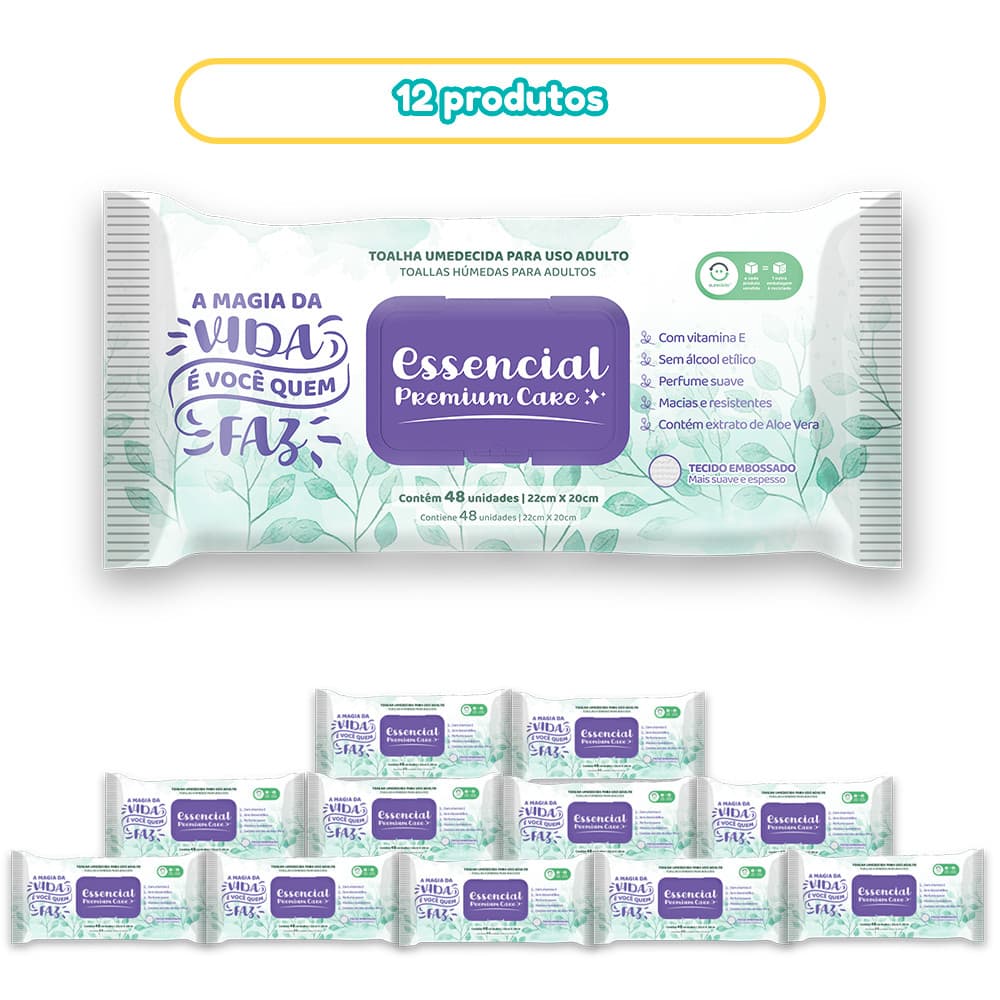 Kit 12 Toalhas Umedecidas Essencial Care Adulto 48 Folhas Cada