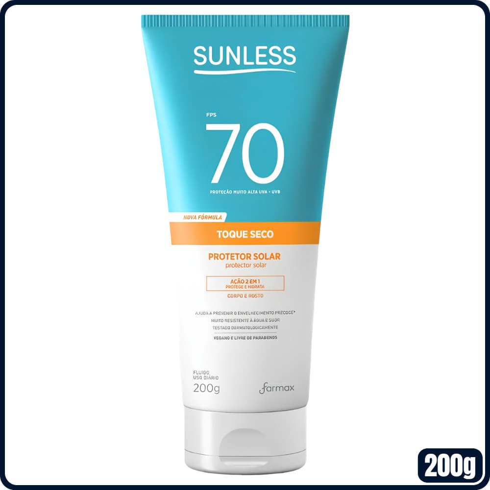 Protetor Solar Corporal e Facial com Toque Seco e Alta Proteção Sunless FPS60 ou FPS70 com 200g
