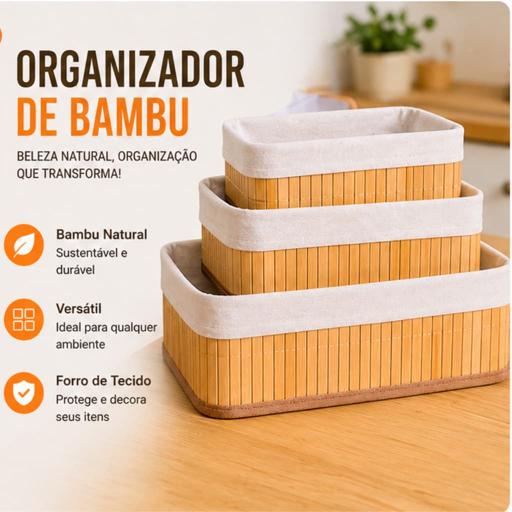 Cesto Organizador Quadrado ou Redondo De Bambu Multiuso Banheiro Closet Cozinha