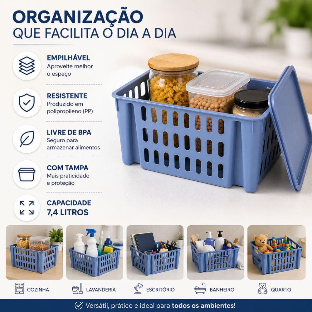 Cesto Organizador Com Tampa Azul Empilhavel Multiuso Caixa Organizadora Armario Gaveta Cozinha Banheiro Quarto