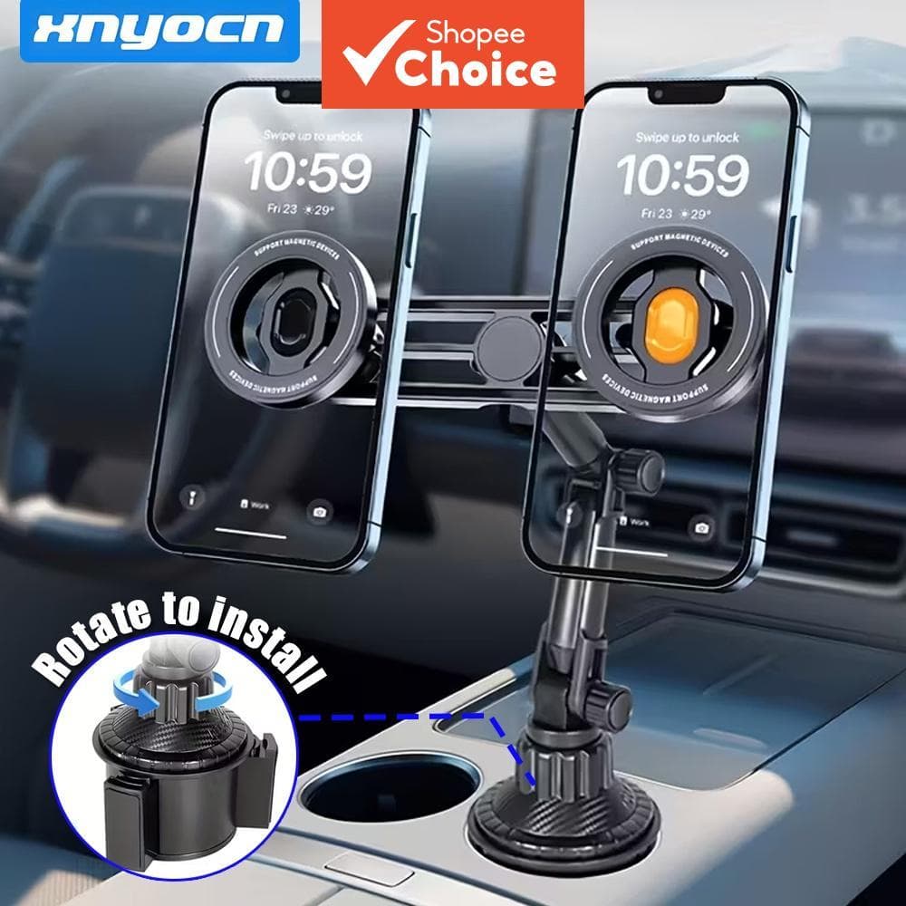 Suporte Magnético Duplo Premium para Copos de Carro, Braço Longo 360° Suporte Giratório Duplo para Celular com Base