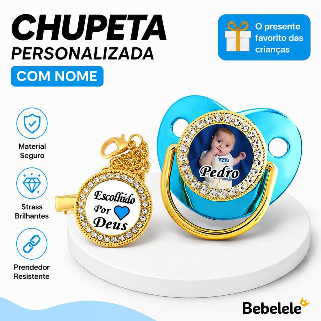 Chupeta Azul para Bebê, Personalizada com Nome/Foto do Menino, Inclui Prendedor de Chupeta VMFQ
