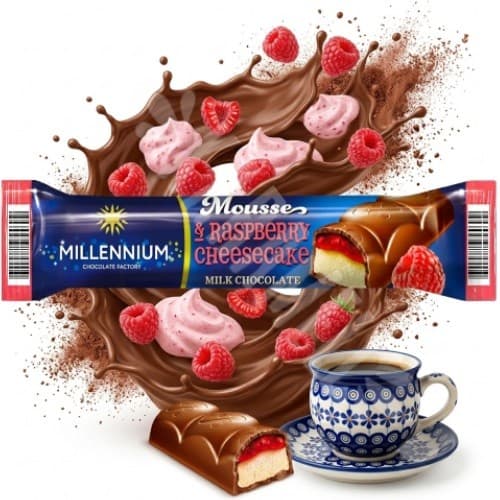 Chocolate ao Leite Mousse & Raspberry Cheesecake Millennium 33g - Importado Polônia