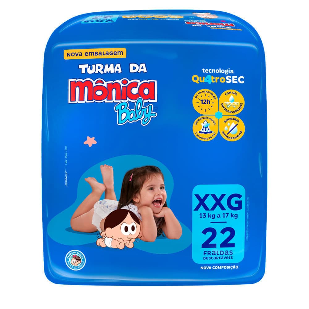 Fralda Descartável Turma Da Monica Baby Econômica XXG Com 22 Unidades