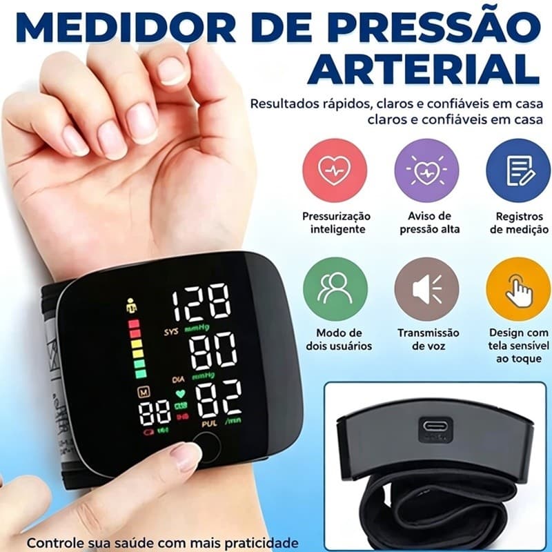 Monitor Aparelho De Pressão Arterial De Pulso Recarregável Alta BP Esfigmomanômetro voltikk