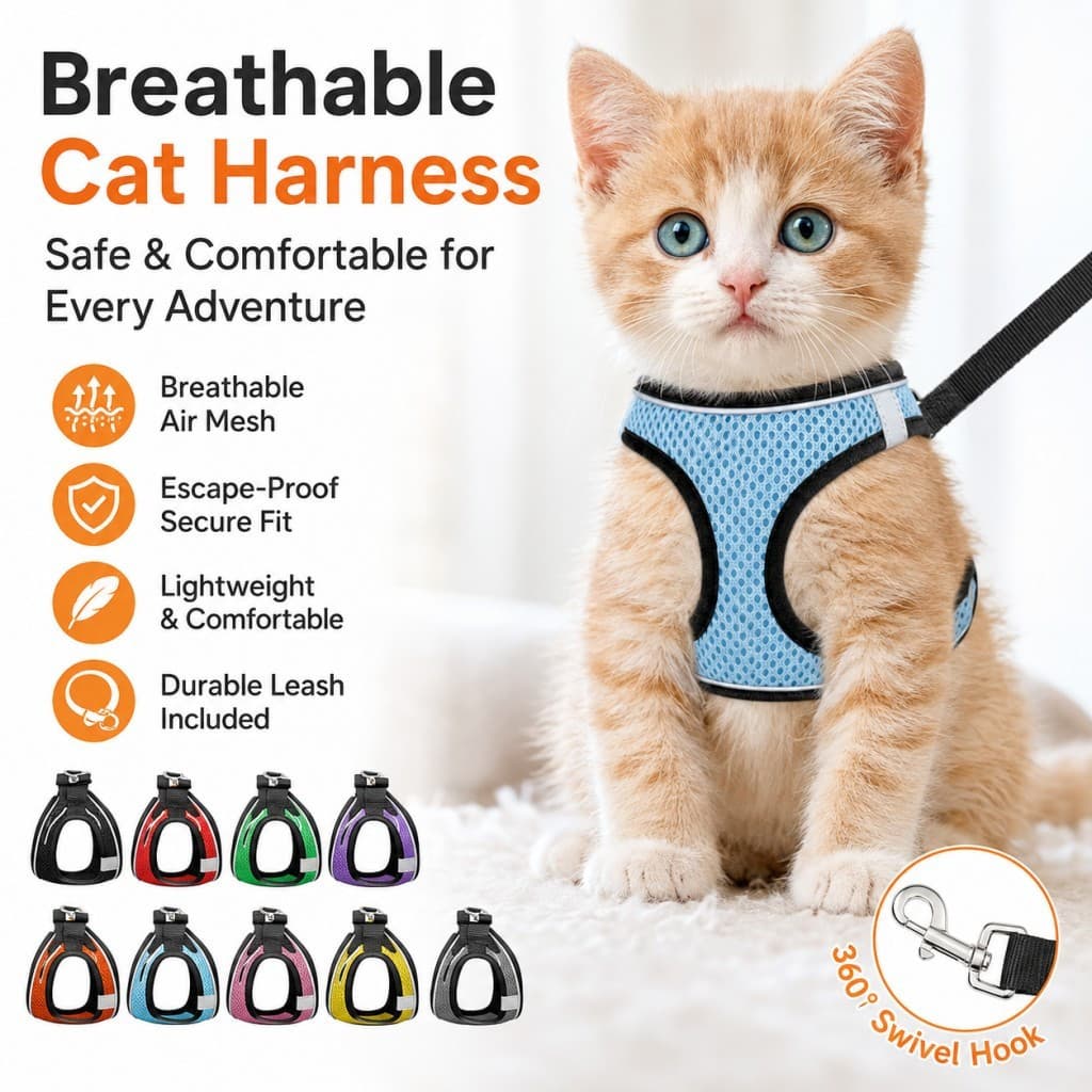 Coleira para Gato com Guia Ajustável, Colete Respirável de Malha para Passeio, para Gatos e Filhotes, Guia de 150cm, Tam