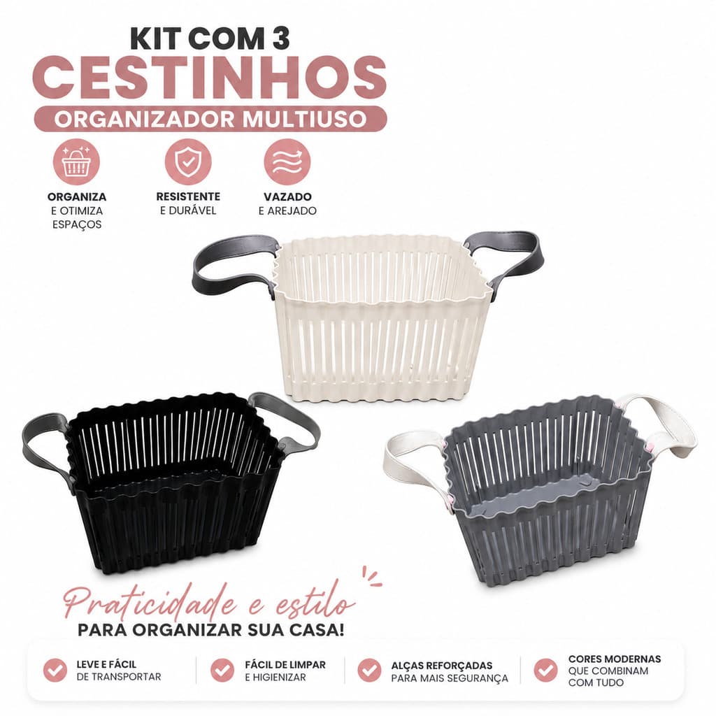 Kit com 3 Cestinhos Organizadores Multiuso Portáteis com Alças para Cozinha, Banheiro e Casa 12X20CM - HU42602