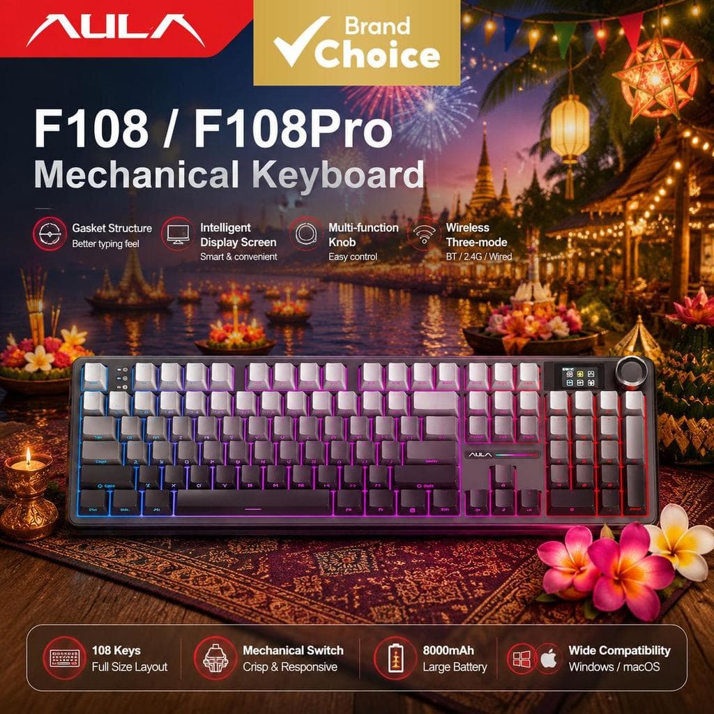 Teclado Mecânico AULA F108 Pro Caramelo Latte, 3 Modos, Sem Fio RGB, Troca a quente, Gaming, 108 teclas, Layout Completo