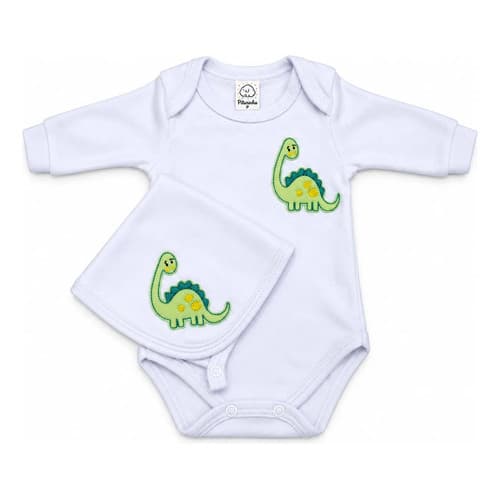 Kit Enxoval 2 Peças Dinossauro Body 1-3 M 100% Algodão + Paninho de Boca 25x25 Pano Duplo Angu Bebê 