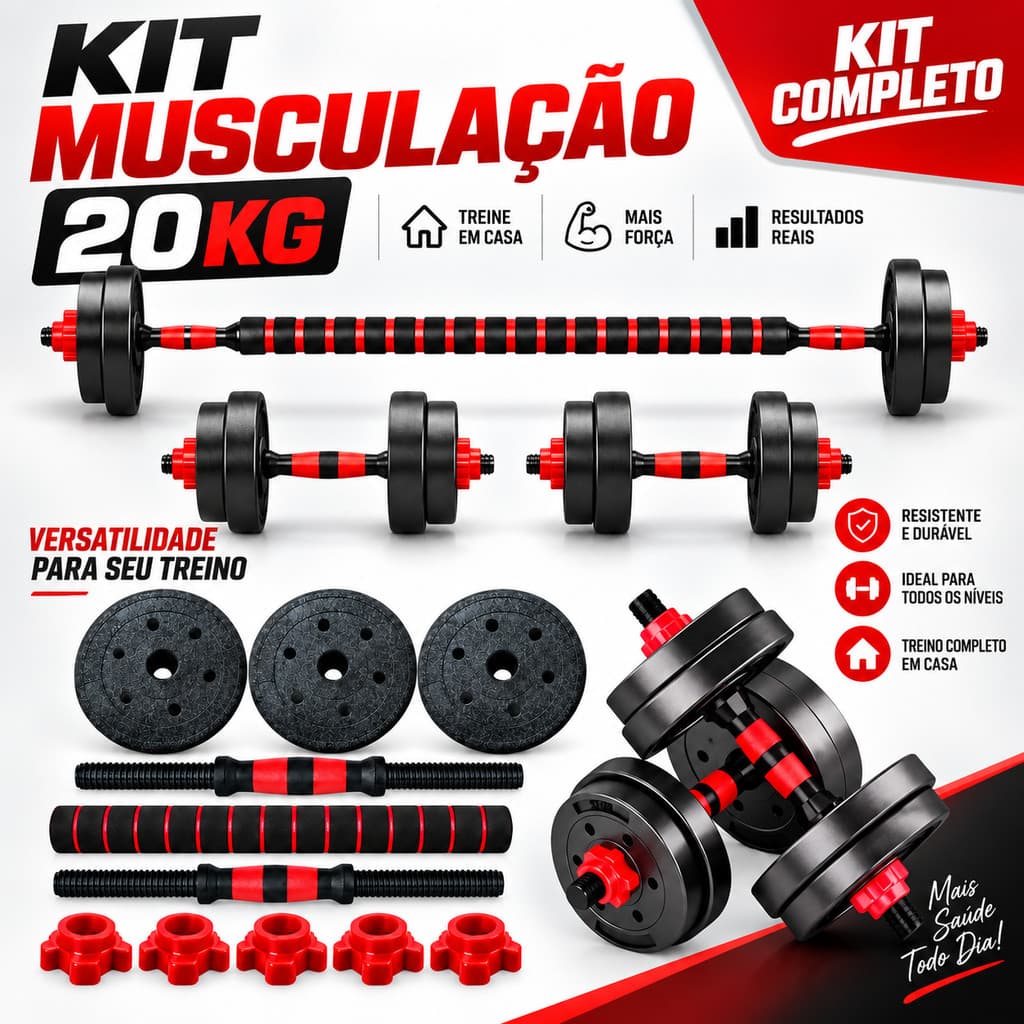 Kit Treino Funcional Musculação 20kg Barra Halteres Anilhas Supino Peso Ajustável