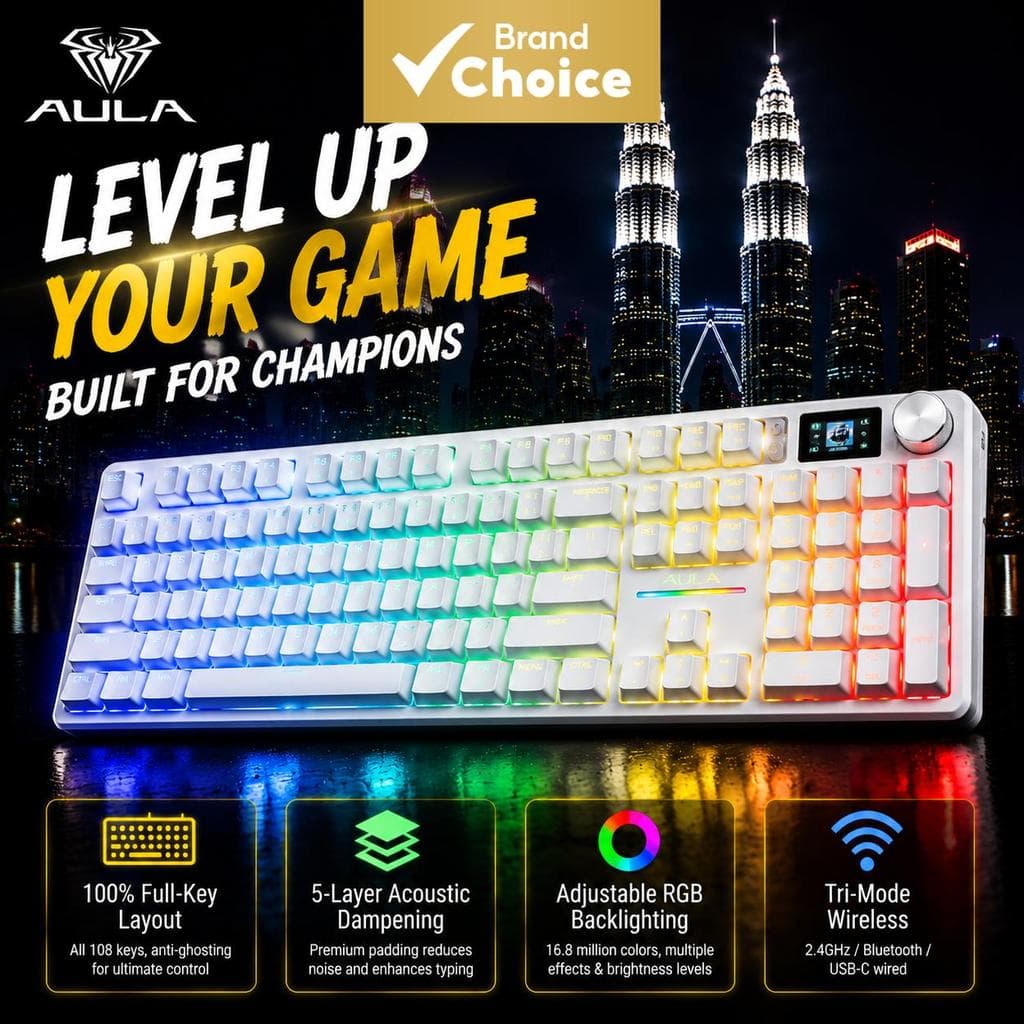 Teclado Mecânico AULA F108 Pro Star Vector Switch Tri Modo RGB Troca a Quente Teclado Gamer Personalizável com Teclas