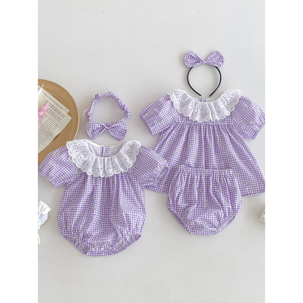 Roupas de bebê de algodão puro verão novo estilo meninas gola de renda nádegas roupas menina bebê manga curta xadrez ter