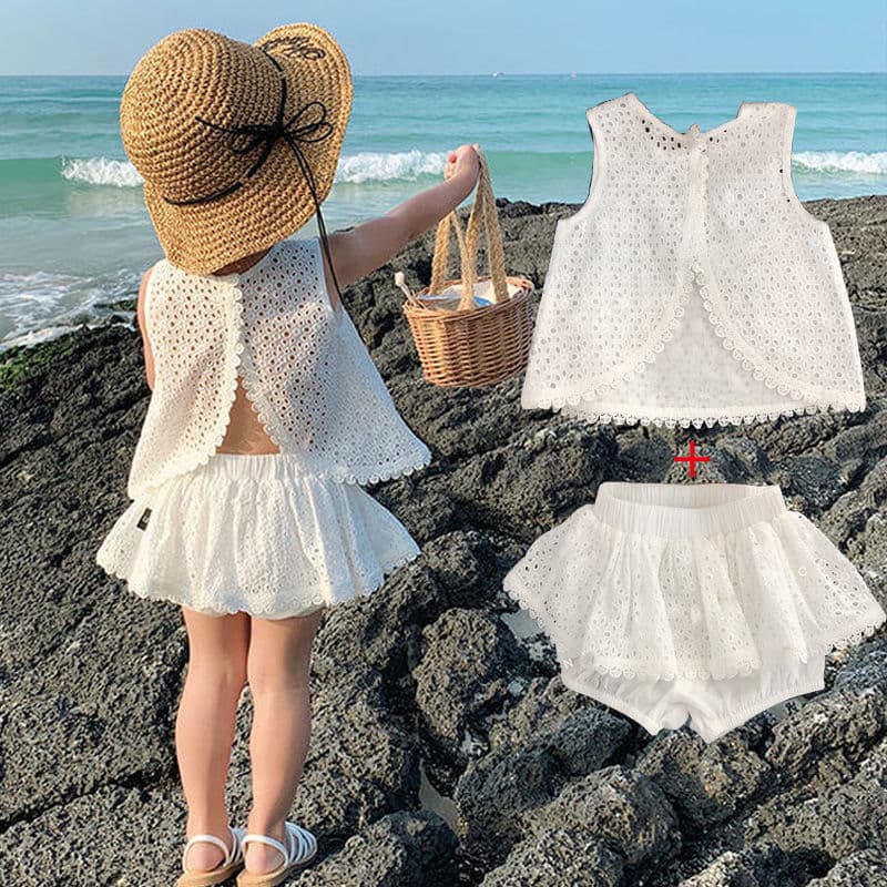 2026 estilos roupas para meninas bebê menina doce oco puro algodão terno verão menina estilo ocidental Halter colete ter