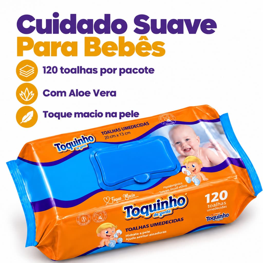Toalha Umedecida 120 Lenços Aloe Vera Toque Macio Bebê S/ Álcool Etílico Baby Lencinho Infantil Fralda Limpeza