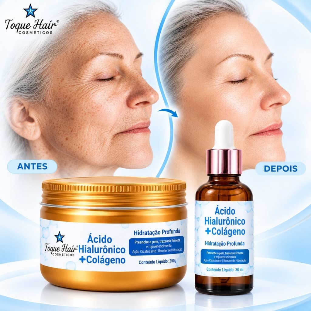 Kit Skincare Facial Ácido Hialurônico Sérum 30ml + Creme Facial 100g Anti Idade Rejuvenesce