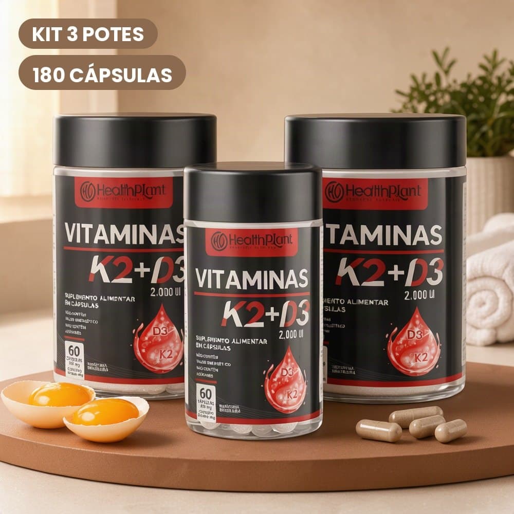Kit 3 Potes Suplemento de Vitamina K2 e Vitamina D3 2000 UI 500mg 180 Cápsulas
