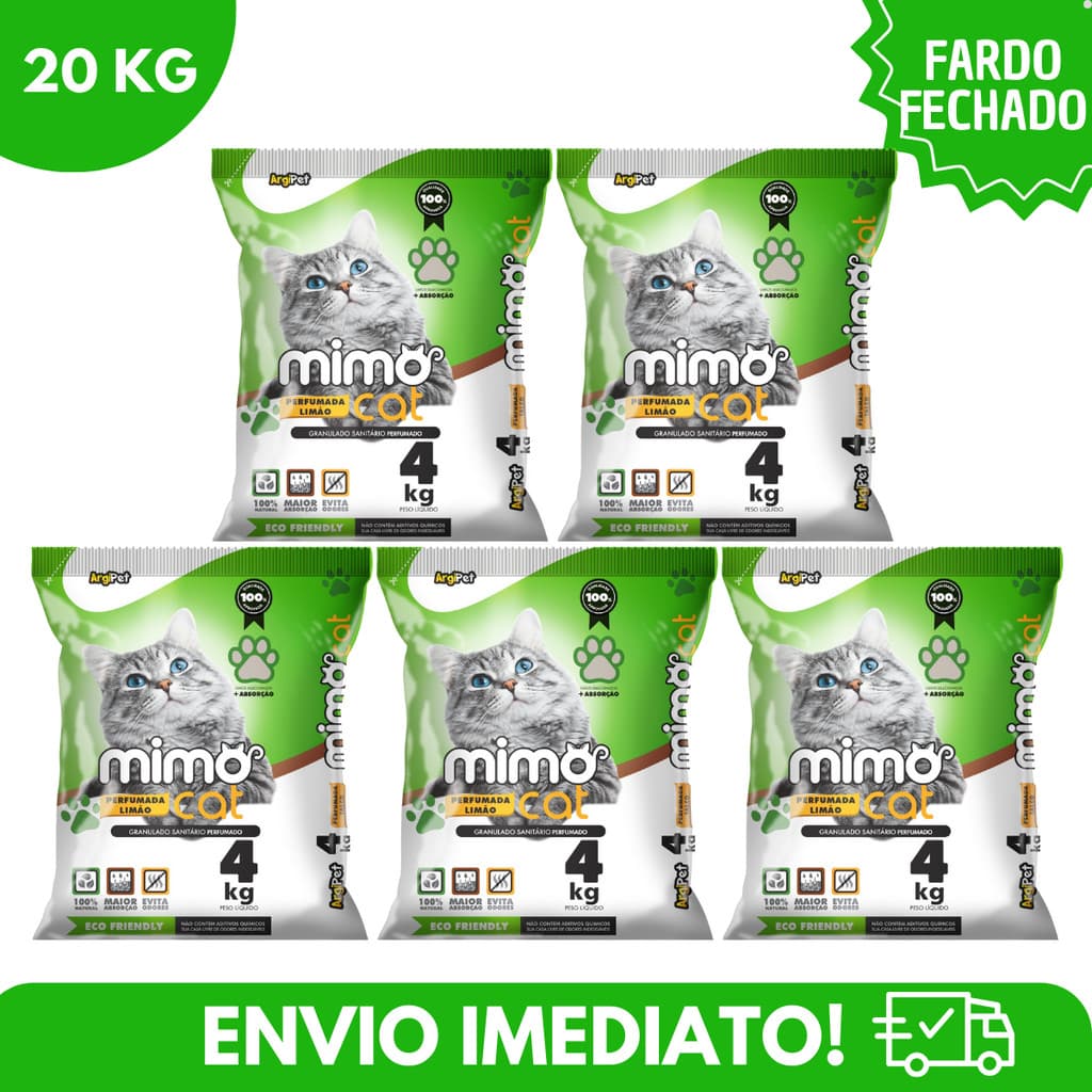 Kit 5 Areia Sanitária Higiênica Argila Natural para Gatos Grãos Médios Limão 20 kg Argipet Mimo Cat