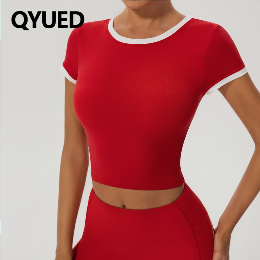 Contraste cor em torno do pescoço Yoga manga curta topo feminino Pilates magro-ajuste roupas de Fitness esportes roupas 