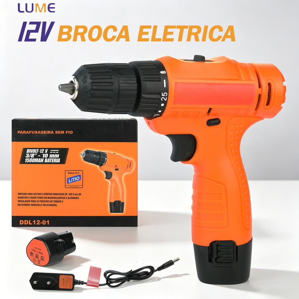Furadeira Parafusadeira Sem Fio 12V Bivolt 1 Bateria 20Nm 2 Velocidades Motor Cobre Multifuncional