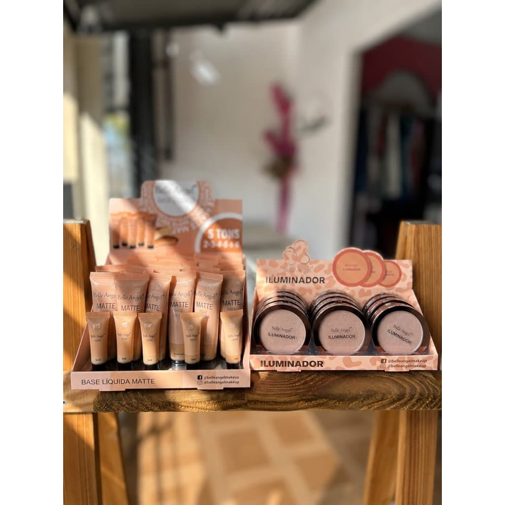 Kit Maquiagem belle angel base liquida pó iluminador acabamento natural e luminoso
