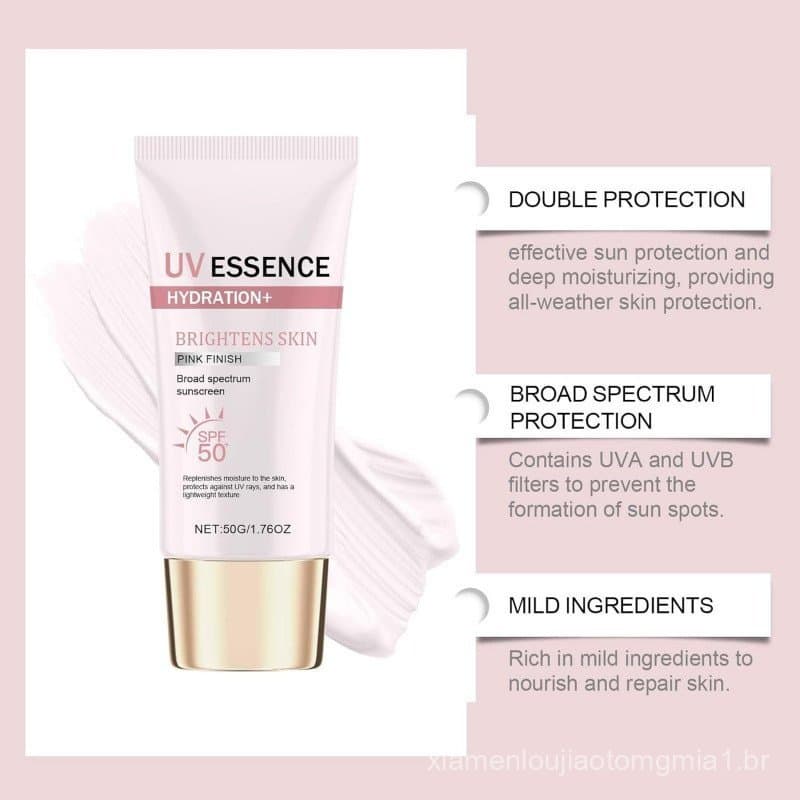 Protetor solar clareador de pele SPF50, essência UVE rosa clareadora, protetor solar de amplo espectro, protetor solar f
