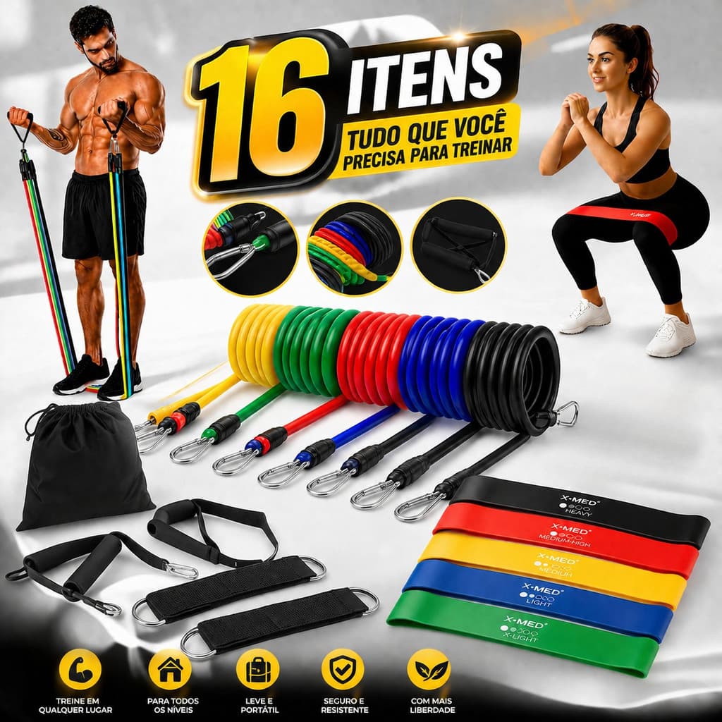 Kit 16 Itens Fitness Treino Em Casa Extensor Elástico + 5 Mini Bands Musculação Exercícios