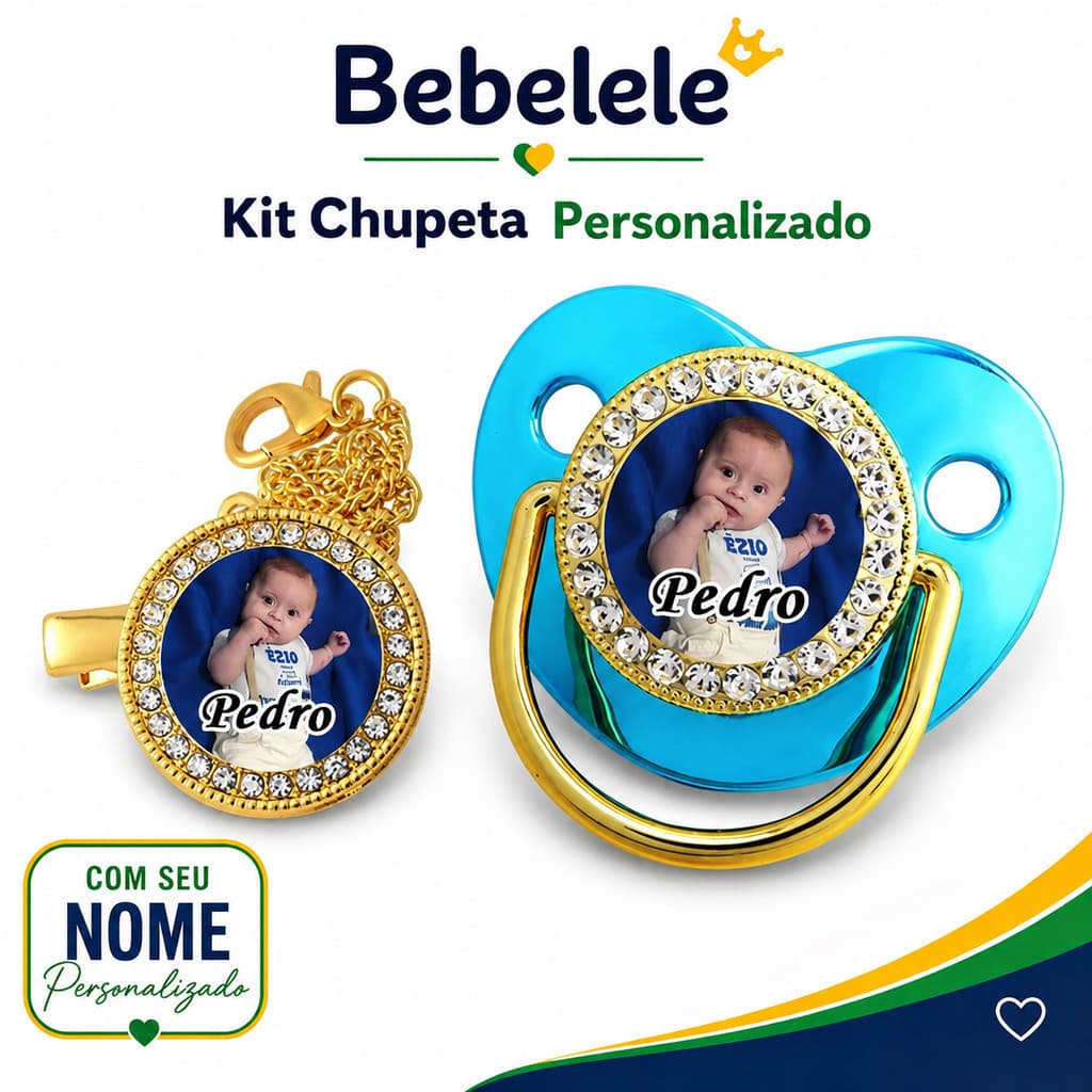 Chupeta de bebé em formato plano, personalizada com nome/foto, acompanha chupeta/clip/corrente/fechoChupeta personalizad