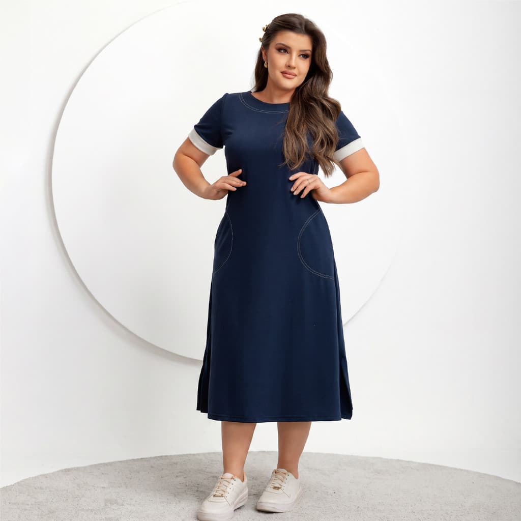 Vestido Midi Feminino Moletinho Saia Godê Bolsos Laterais Fenda Lateral Manga Bicolor Evangélico