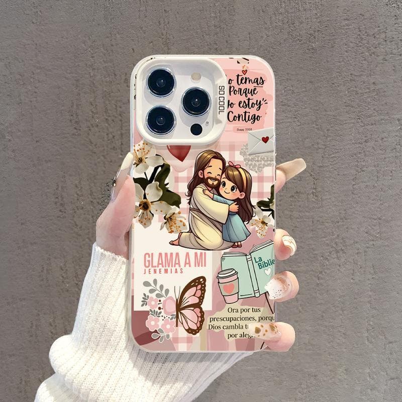 Capa Para iPhone 17 16 Pro Max 11 12 13 14 15 18 Pro Abraçando Menina Flores Texto Bíblico Capinha de celular