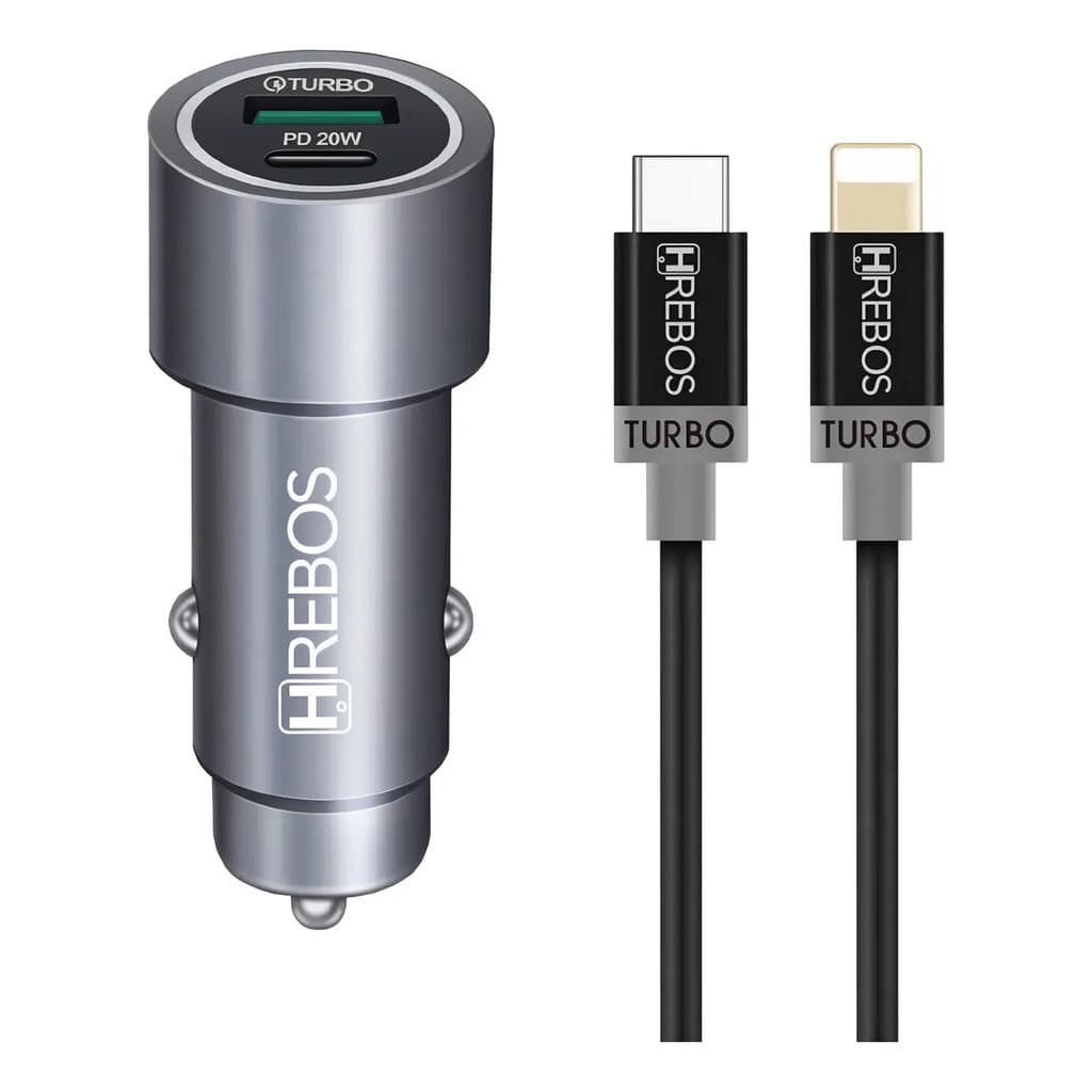 Carregador Veicular Hrebos Duplo Pd 20w Turbo Usb Usb-c iPhone Cinza