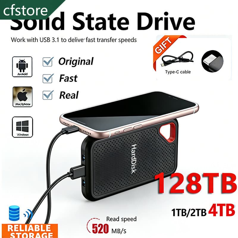SSD Portátil 1TB/2TB/4TB/128TB/256TB, Disco Rígido Original USB3.2 de Alta Velocidade, SSD Externo Tipo-C de 128TB para 