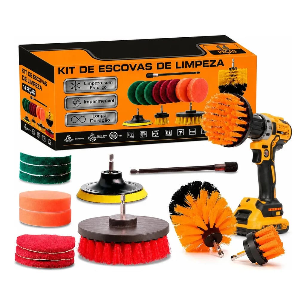 Kit Escovas Rotativas Lavar Sofás Tecidos 14 Peças para Furadeira Parafusadeira Limpeza Geral Estofados Carro Colchão