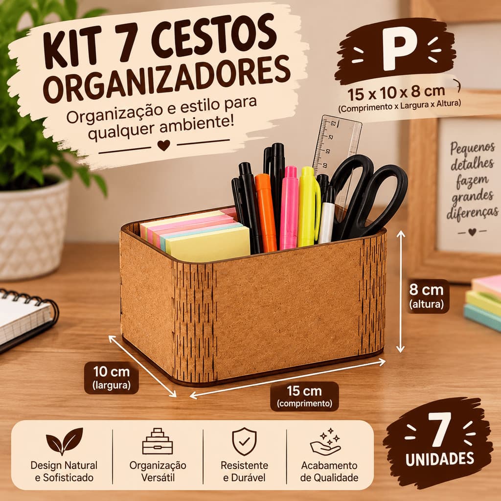 ​Kit 7 Cestos Organizadores Abertos em MDF Nicho Decorativo Multiuso para Banheiro Quarto e Cozinha