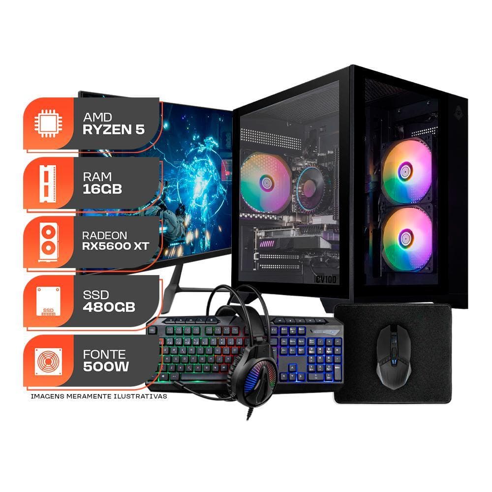 PC Gamer Spectrum, AMD Ryzen 5 5500, Radeon RX 5600 XT 6GB, 16GB DDR4, SSD 480GB, Completo com Monitor 23" 180Hz