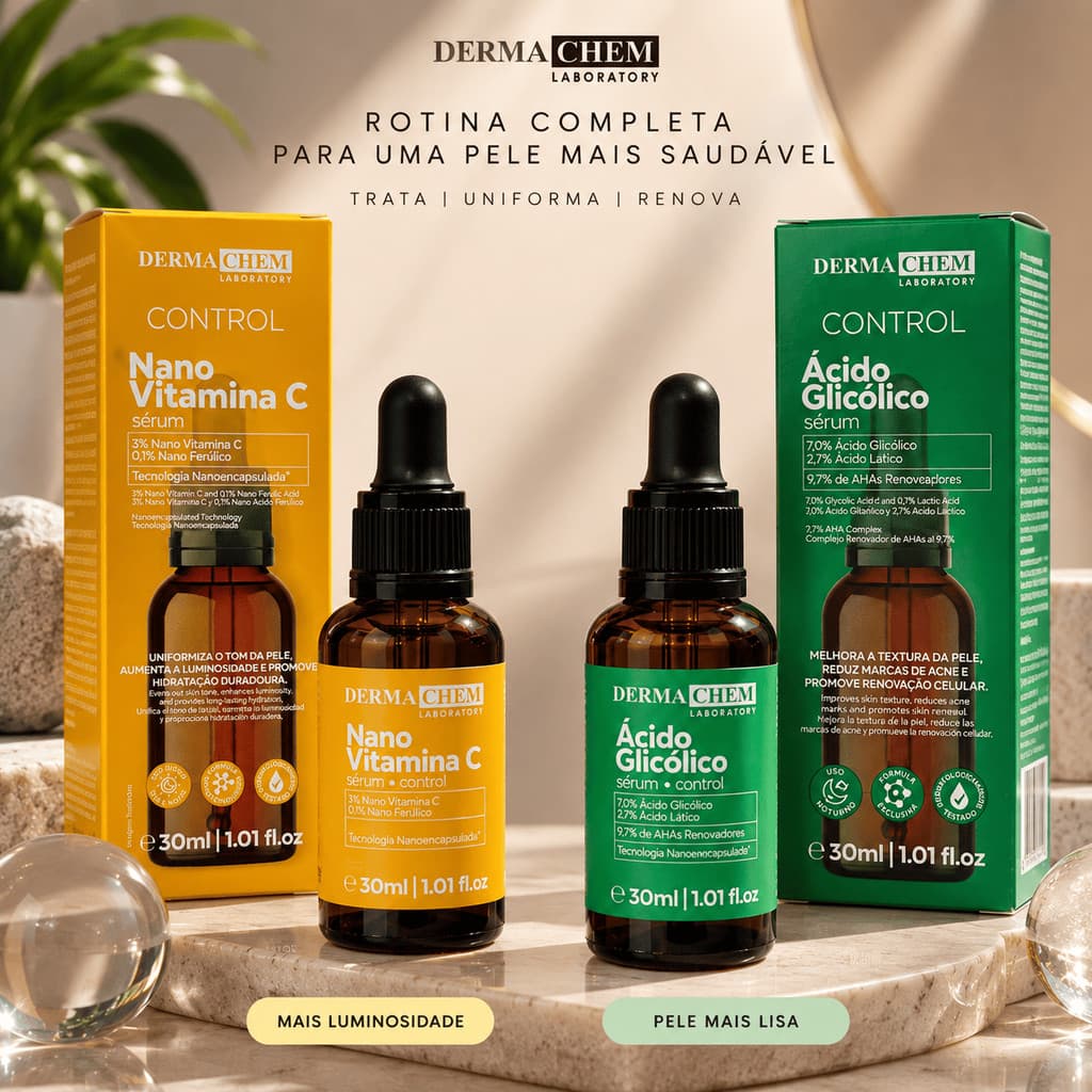 Sérum Facial DermaChem 30ml Vitamina C ou Ácido Glicólico Clareador Renovador para Skincare