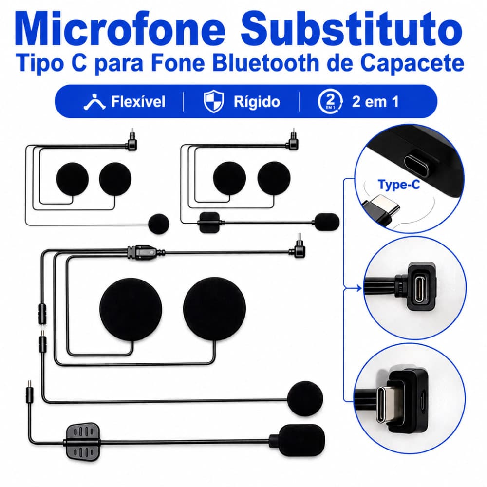 Microfone Tipo C Substituto para Intercom Bluetooth Capacete Moto, Acessório Moto 2 em 1 Flexível e Rígido Moto