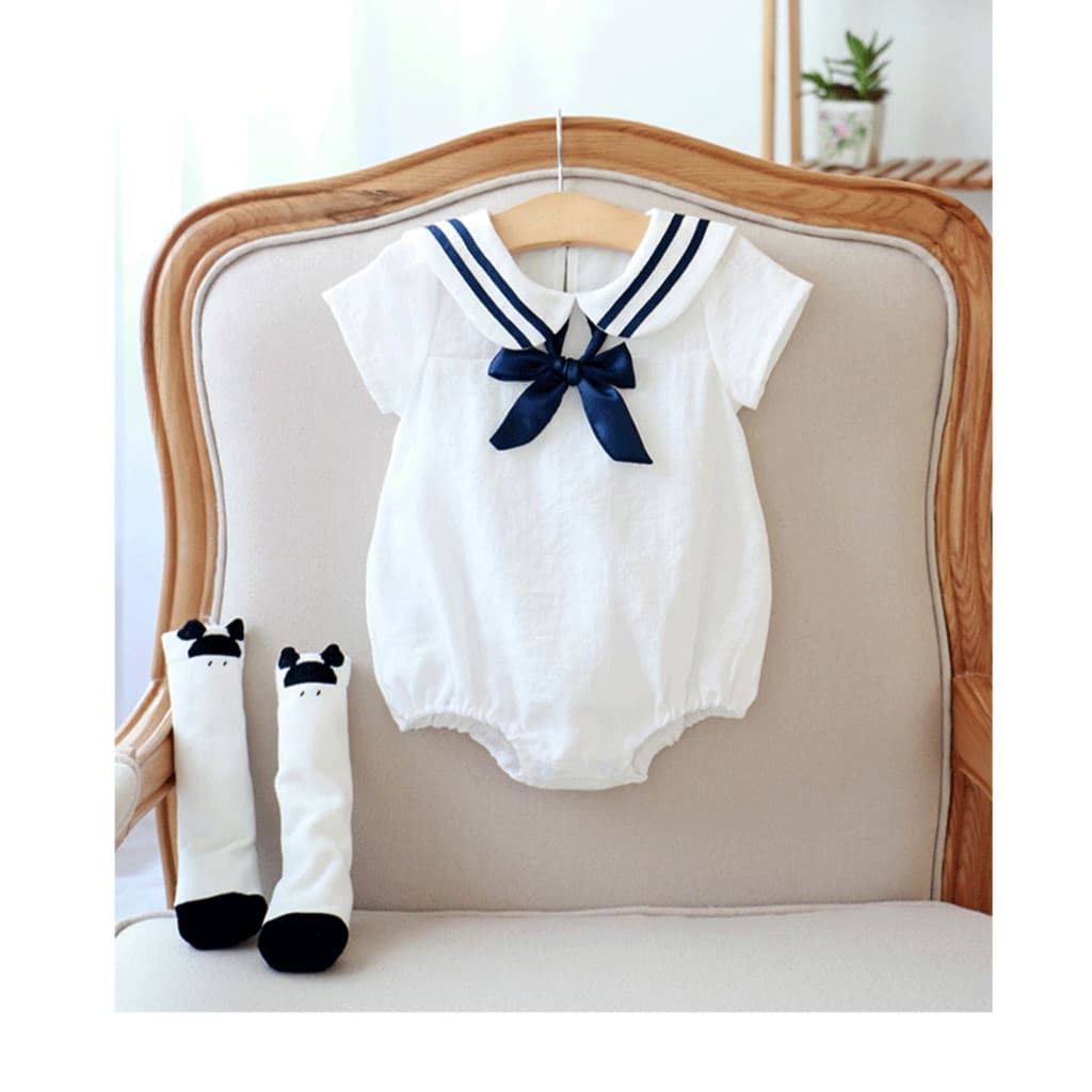 Roupas de bebê menina verão estilo marinho terno fino bebê menina puro algodão de manga curta triângulo bebê macacão rou